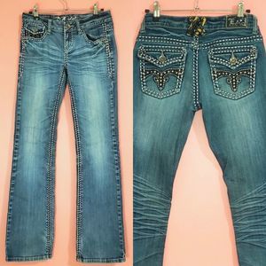 L.A. Idol Mid Rise Dark Wash faded Stud Pocket thick stiched Boot cut jeans